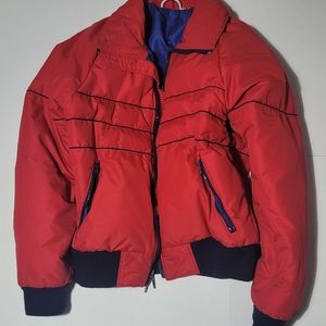 Vintage 1984 CB Sports Red with Navy Blue Pinstripes Goose Down Winter Parka / S